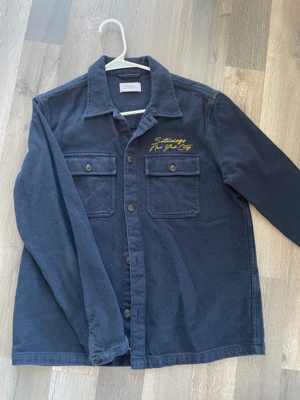 Saturdays New York City Navy Button-Front Shirt Jacket with Yellow Script